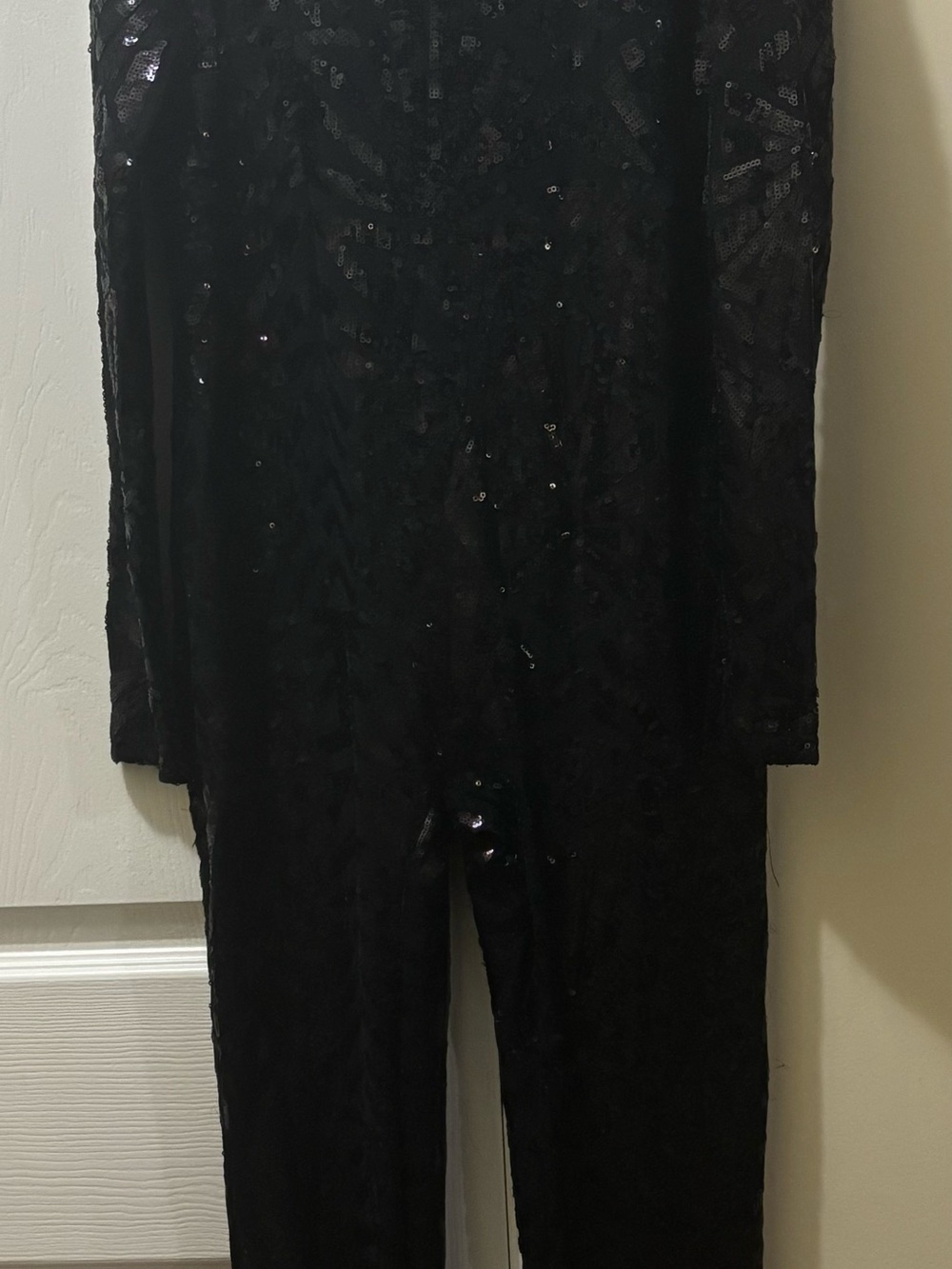Black Sequin Jumpsuit Long Sleeve Geometric Mesh Catsuit Bodysuit Party Club - Picture 2 of 6